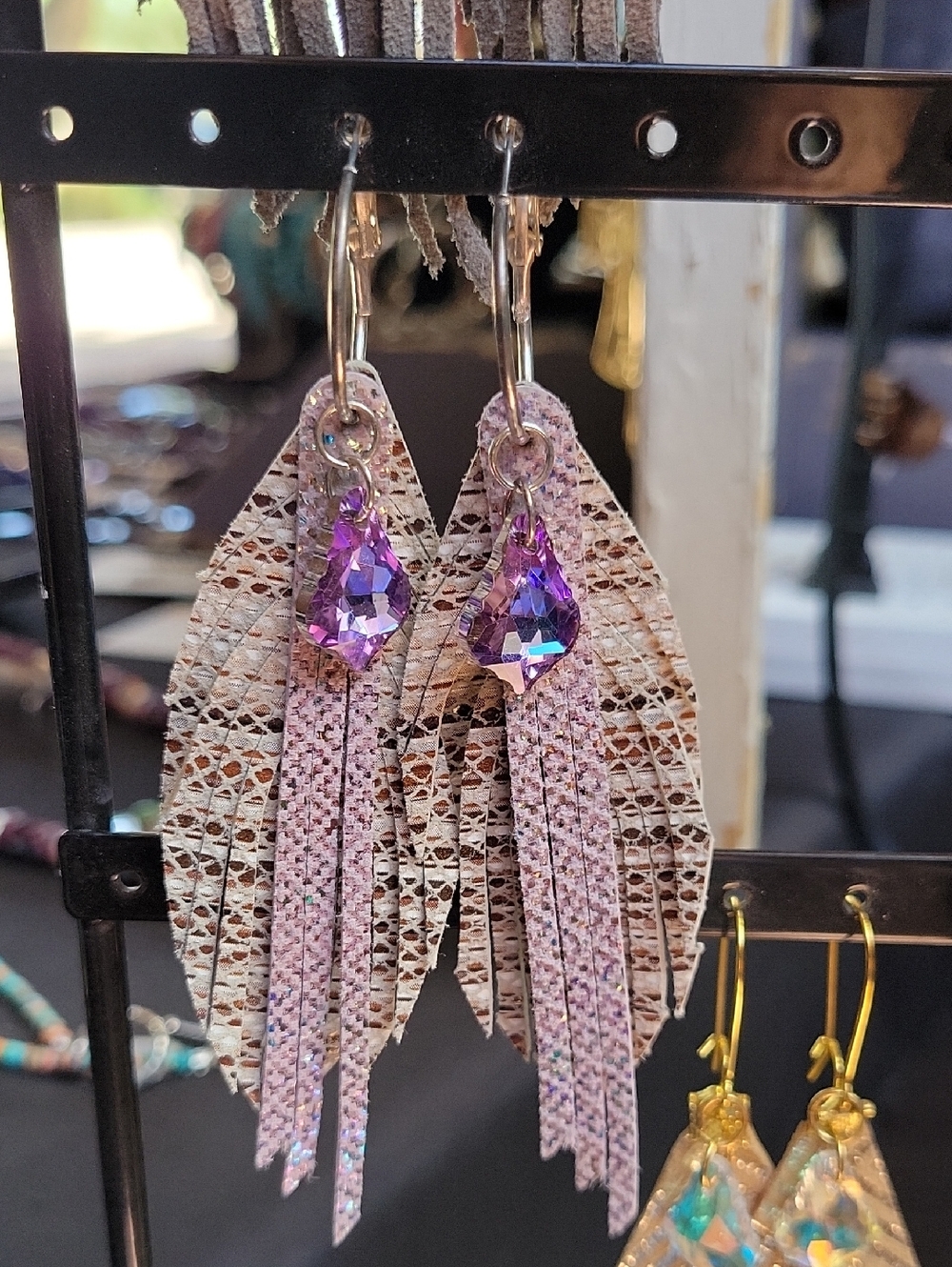 Handmade Purple Crystal Fringe Leather Drop Earrings